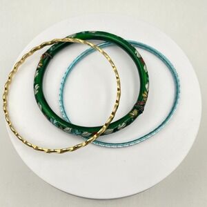 Vintage 80s 90s Gold/Silver Tone Floral Enamel Bracelet Set Boho Women's Jewelry